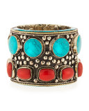 Turquoise & Coral Brass Cuff Bracelet