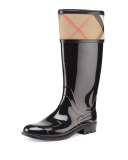 Check-Cuff Rubber Rain Boot, Black