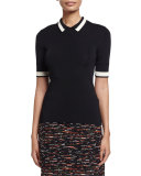 Short-Sleeve Contrast-Striped Ribbed-Knit Polo, Black/Bone