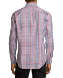 Plaid Long-Sleeve Sport Shirt, Burgundy/White/Blue