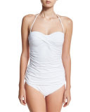 Pearl Solid Shirred Twist-Front Bandini Swim Top, White
