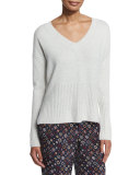 Ribbed-Trim Cashmere V-Neck Sweater, Foggy