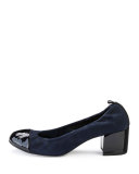 Nubuck Cube-Heel Cap-Toe Pump, Dark Blue/Black