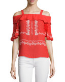 Chiffon Flower Spell Cold-Shoulder Top, Red/Cream