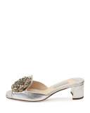 Brocade-Embellished Metallic Mule, Silver (Argento)