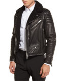 Leather Shearling Fur-Lined Moto Jacket, Black