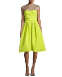 Cap-Sleeve Embellished-Yoke Dress, Citron