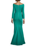 Off-the-Shoulder Ponte Mermaid Gown, Green