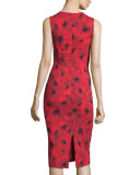 Sleeveless Floral-Print Contour Sheath Dress, Crimson