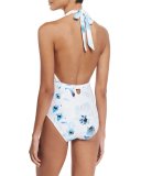 Cabana Cross-Halter One-Piece Swimsuit, White Colombia Floral