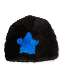 Star Rabbit Fur Beanie, Black/Blue