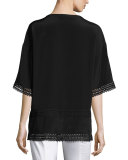 Lace-Trim Half-Sleeve Top, Caviar