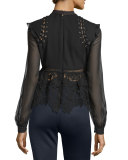 Floral-Lace Long-Sleeve Top, Black