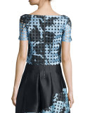 Short-Sleeve Dot-Lace Floral Crop Top 