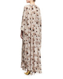 Long-Sleeve Doggie-Print Maxi Caftan, White