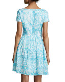 Short-Sleeve Printed Day Dress, Blue