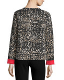 Leopard Open-Front Jacket W/Contrast Cuffs, Black/Multi