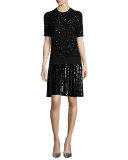 Sequined Pleated T-Shirt Dress, Black