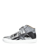 Metallic High-Top Grip-Strap Sneaker, Black/Gunmetal