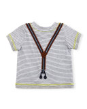Short-Sleeve Striped Henley Tee w/ Chambray Shorts, Gray, Size 6-24 Months