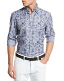 Floral Check Linen-Cotton Sport Shirt, Navy