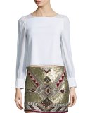 Bey Long-Sleeve Lace-Trim Blouse, Cream