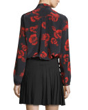 Floral Silk Satin Tie-Neck Blouse, Black/Red