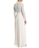 Long-Sleeve Lace & Crepe Dress, Off White