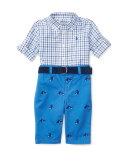 Tattersall Shirt w/ Belted Schiffli Pants, Blue, Size 6-24 Months