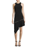 Pearly-Studded Asymmetric Sleeveless Dress, Black
