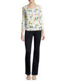3/4-Sleeve Round-Neck Printed Tee, Multi Colors