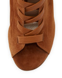 Brooklyn Suede Peep-Toe Bootie, Cognac