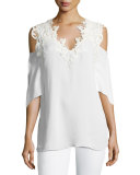 Michaela Cold-Shoulder Lacy V-Neck Silk Blouse
