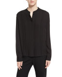 Pleated Mandarin-Collar Blouse