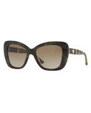 Leather-Trim Squared Cat-Eye Sunglasses, Olive/Brown