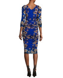 3/4-Sleeve Ruched Floral-Print Sheath Dress, Multi