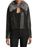Leather Zip-Trim Bomber Jacket, Black