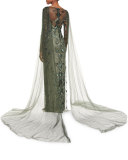 Geometric-Beaded Long-Sleeve Cape Gown, Forest Green