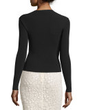 Long-Sleeve Ribbed-Knit Top w/ Floral Macrame Yoke, Black