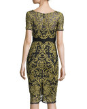 Short-Sleeve Embroidered Sheath Dress, Black