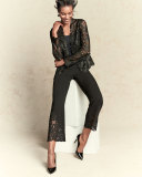 Kerri Cropped Lace-Hem Flared-Leg Pants, Black
