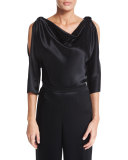 Liquid Satin Cowl-Neck Blouse, Caviar