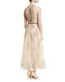 Belted Embroidered Midi Gown, Nude/Black