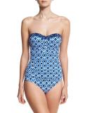Shibori Shirred Bandeau One-Piece Swimsuit, Blue