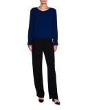 V-Neck Button-Cuff Blouse, Royal Blue