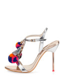 Layla Pom-Pom Metallic Leather Sandal, Silver/Gold