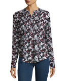 Goldie Floral Silk Tuxedo Blouse, Black/Navy/Red/White