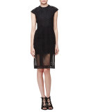 Cap-Sleeve Tread-Lace Sheath Dress, Black
