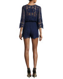 Greta Netted/Lace Romper Coverup, Blue Corn
