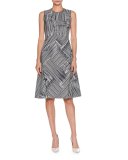 Line-Print Sleeveless A-Line Dress, Navy/Multi